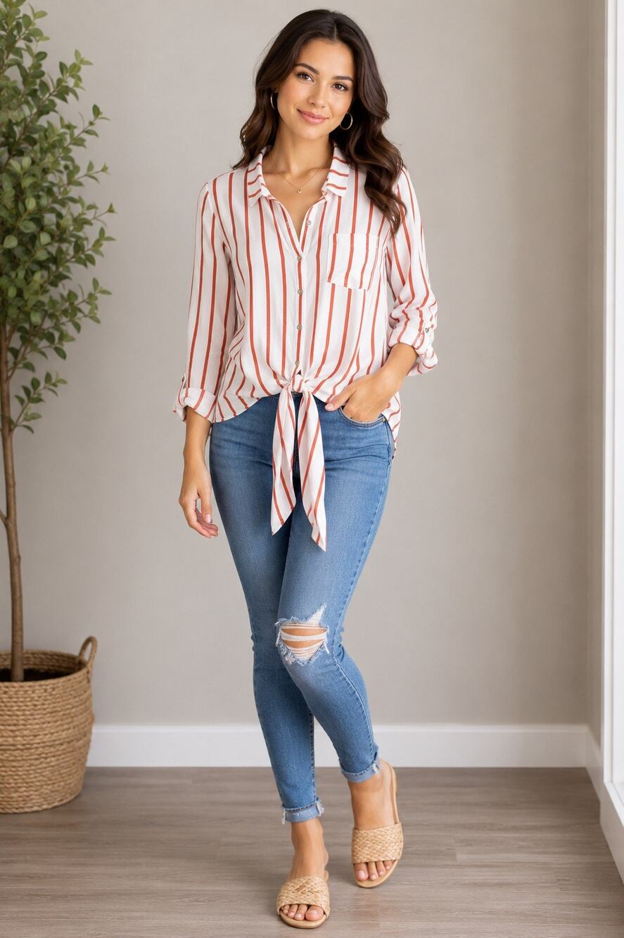 Be Cool Orange & White Striped Tie Front Button-Up Blouse Size Medium